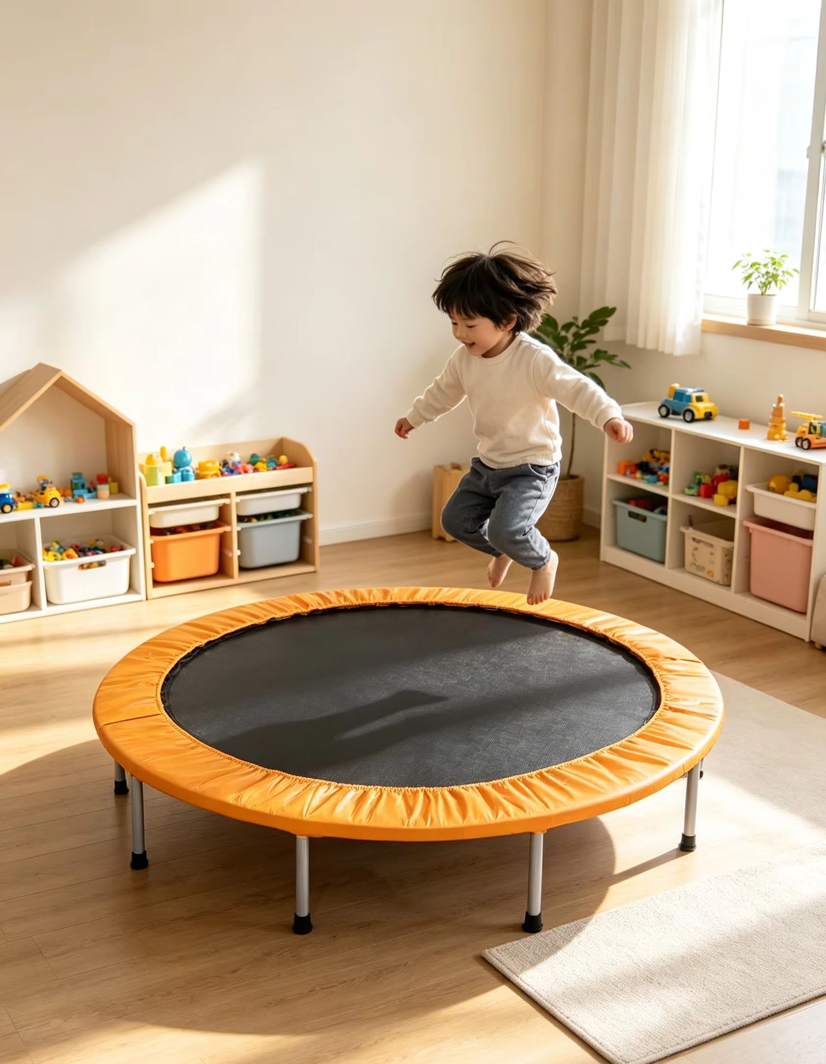 Kids Indoor Outdoor Trampoline - Okrągła mini trampolina z pomarańczową wyściółką