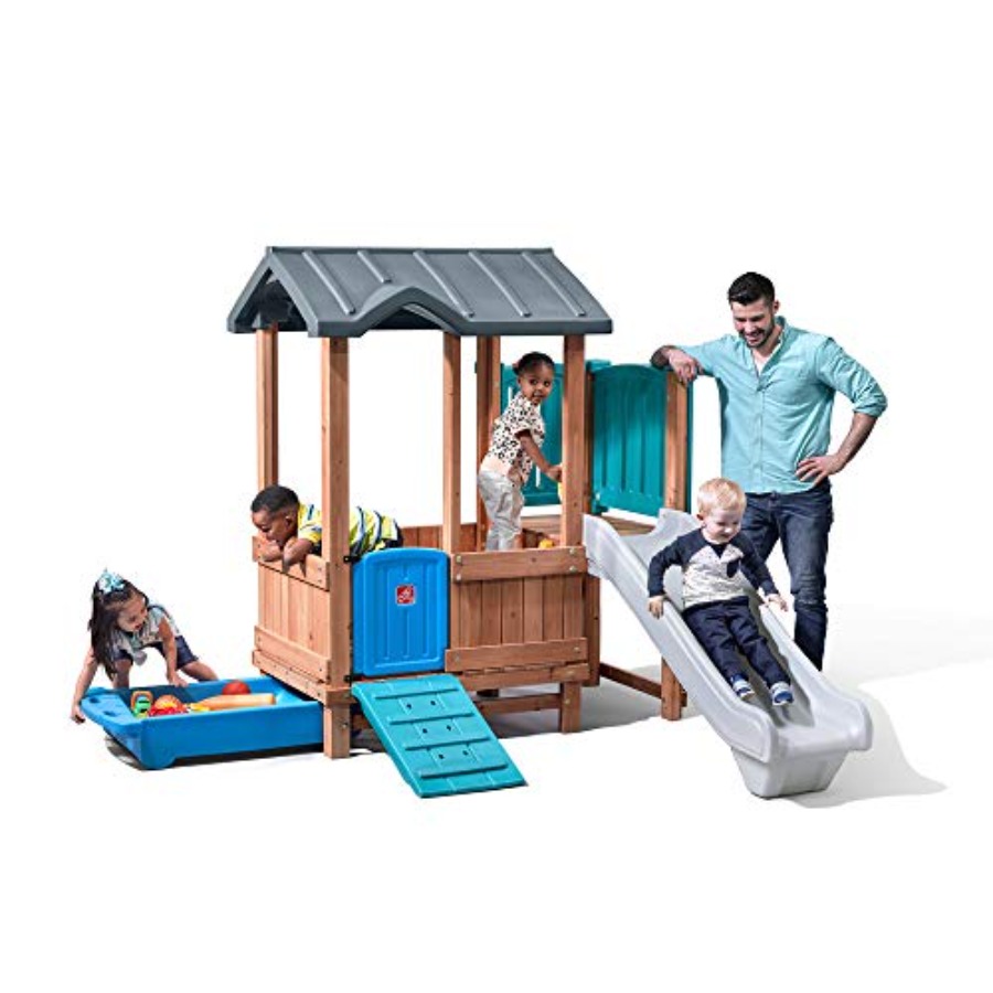 Kids Outdoor Swing - Drewniany domek do zabawy i zjeżdżalnia,