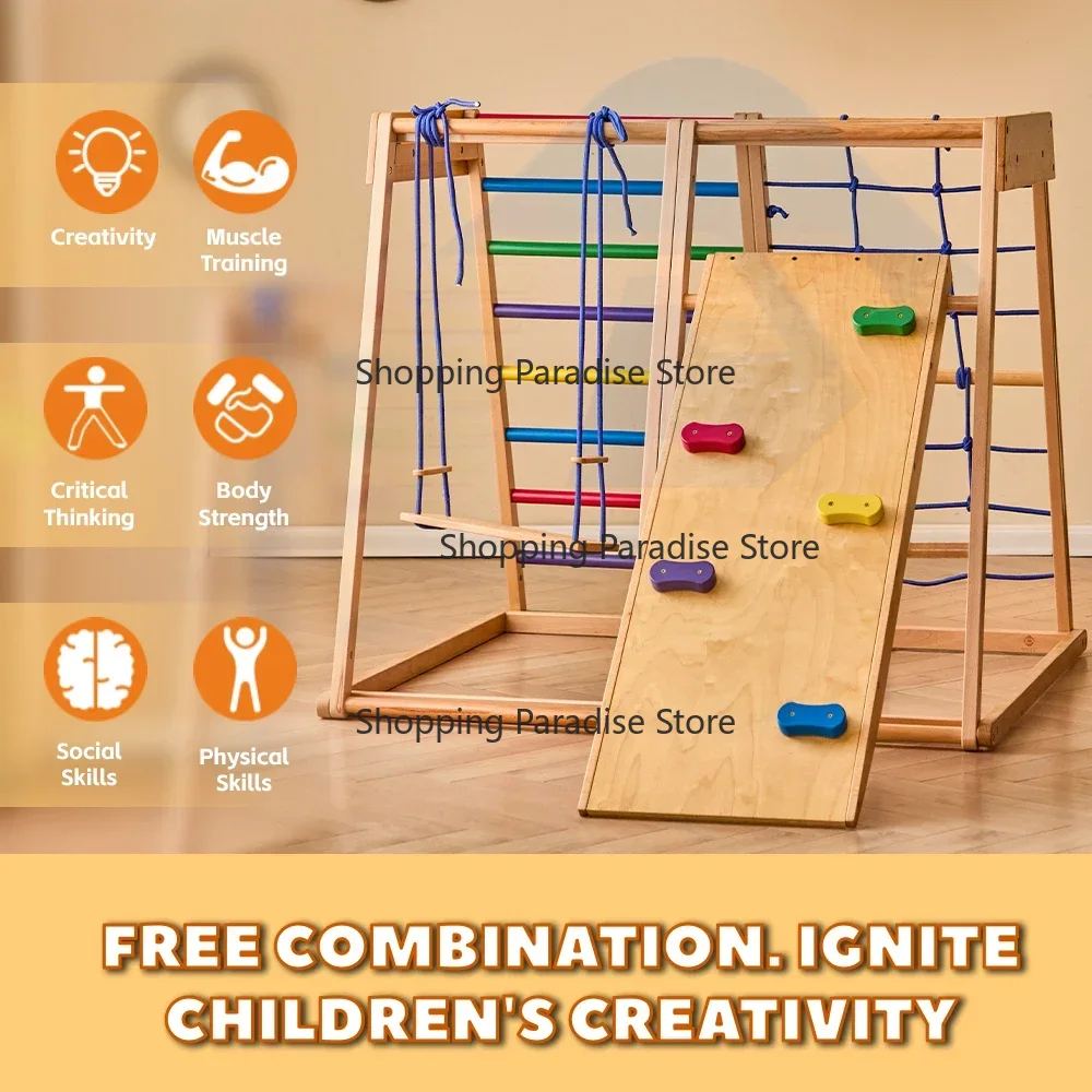 Kids Outdoor Wooden Climbing Frame - Drewniany tęczowy zestaw do wspinaczki dla